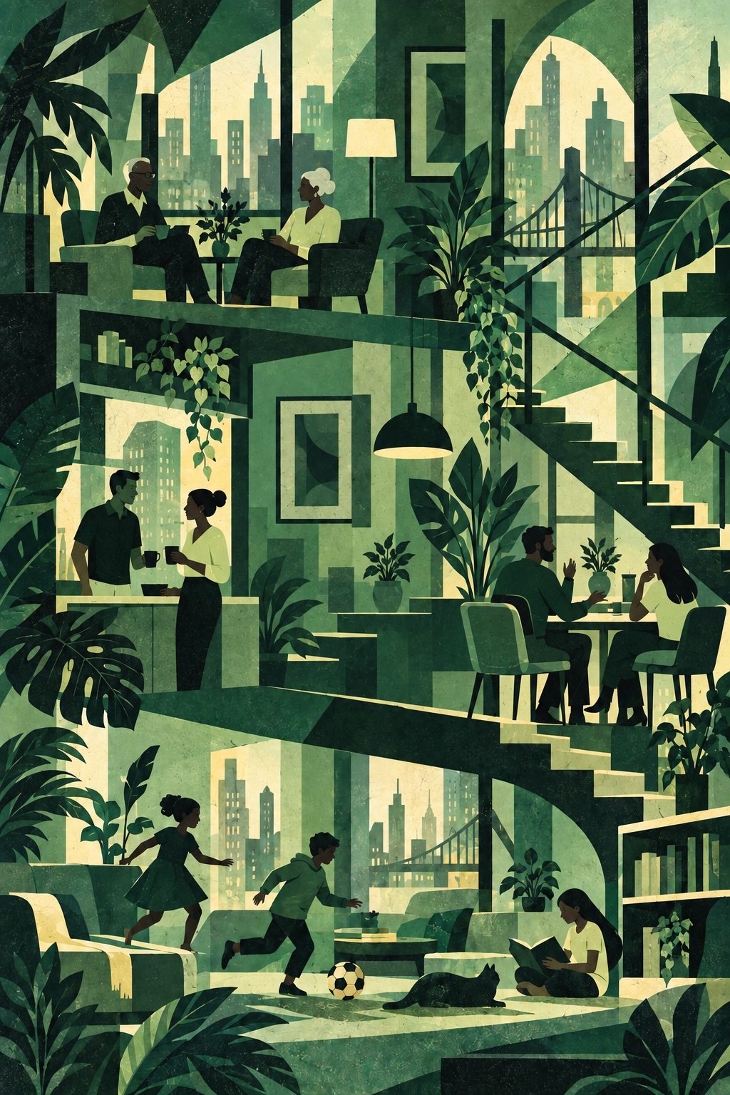 Illustrated multigenerational family at home in a green city interior
